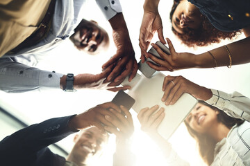 Poster - Business people, hands and tech for meeting huddle, campaign project and research media trend. Employees, office and review feedback on audience engagement, team and connect for news in low angle