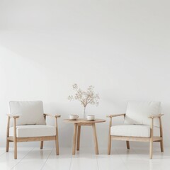 Two modern armchairs and a coffee table with a vase of flowers. Minimalist interior design with a white background. Perfect for showcasing home decor products