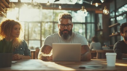 a bearded man in casual attire uses a laptop, working intently in a sunlit modern office setting tha