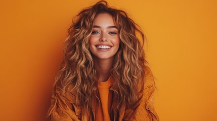 A smiling young woman with wavy hair stands against an orange background, exuding happiness, confidence, and a playful sense of style in her casual attire.