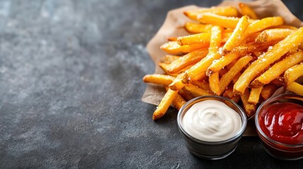 Classic styled golden fries precisely placed on a stone backdrop with well-paired ketchup and mayo, offering a timeless presentation for snack enthusiasts.