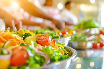 Fresh vegetables like tomatoes, broccoli, and greens are being prepared by chefs in a lively kitchen, highlighting the art of healthy cooking