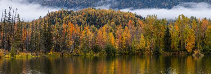 Wall Mural - scenic panoramic view of reflection lake in alaska during autumn time.