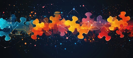 Wall Mural - abstract jigsaw puzzle with glowing colors and connected dots, representing teamwork, puzzle solutio