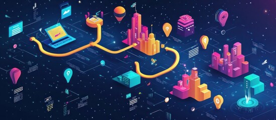 Wall Mural - abstract isometric illustration of a network of interconnected cities with a laptop in the backgroun