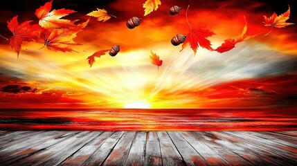 Wall Mural -   A stunning painting captures an autumn sunset over a tranquil body of water, with golden leaves floating gently on the breeze The wooden floor anchors the scene, grounding it in