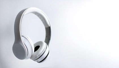 White metallic white wireless headphones in the air on side position provides copy space for text. background concept isolated white