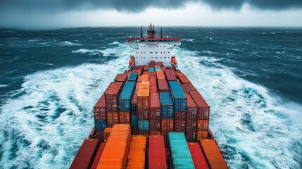 Aufkleber - A cargo ship loaded with colorful containers battles strong waves while moving steadily through turbulent waters, with storm clouds looming overhead.