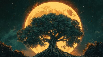 Wall Mural - A large tree stands in front of a glowing full moon with a dark starry sky in the background.