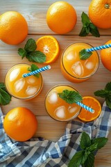 Wall Mural - Refreshing orange drinks with ice and mint on a wooden table during a sunny day