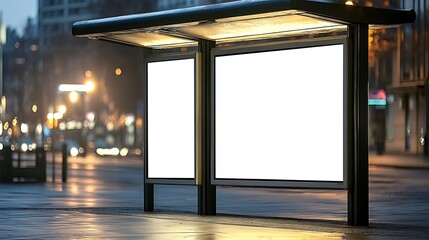 Two blank white posters on the side of a bus stop shelter in an urban setting.