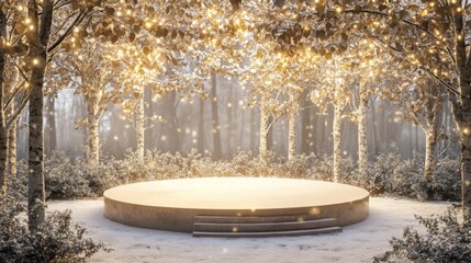 Fototapete - A snowy forest scene with birch trees covered in snow and string lights strung between the branches. A circular stage is in the foreground, surrounded by a snowy clearing.