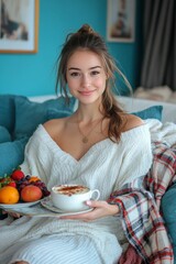 Cozy morning routine with a young woman enjoying breakfast and fresh fruits at home