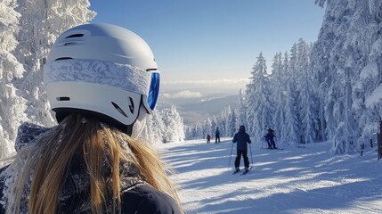 Sticker - A young skier wearing protective gear amidst snowy trees on a bright winter day