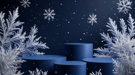 Poster - The composition features round blue podiums surrounded by artificial frosty branches and floating snowflakes. The setting evokes a serene winter ambiance, perfect for seasonal displays and events.