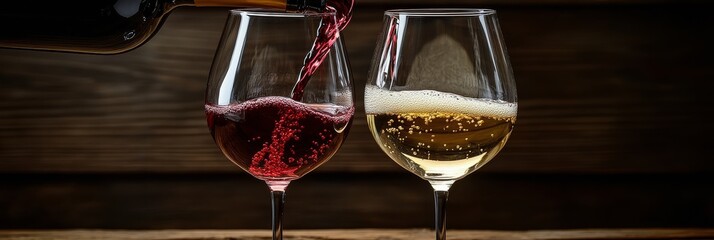 Wall Mural - Pouring red and white wine into elegant glasses at a cozy rustic setting during evening hours