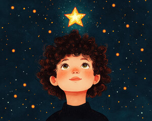 Poster - A dreamy journey through the stars a young boy's enchantment with the night sky and his aspiration to reach for the brightest star above