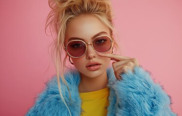 Young woman in a stylish blue coat and oversized sunglasses poses against a pink background