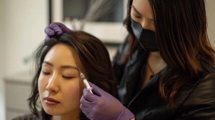 Wall Mural - Asian girl at a beauty clinic receiving cosmetic surgery for skin whitening and rejuvenation, achieving a youthful appearance