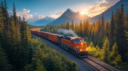 Fototapete - An orange and black freight train moves along the tracks framed by towering trees and majestic mountains as the sun sets, casting a warm glow.