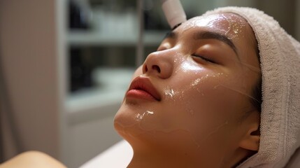 Asian girl at a beauty clinic receiving cosmetic surgery for skin whitening and rejuvenation, achieving a youthful appearance