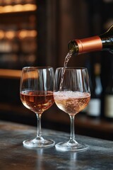 Wall Mural - Pouring sparkling rose into elegant glass alongside a glass of sparkling wine at a cozy bar