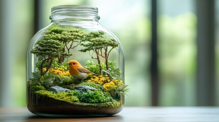 A miniature forest scene with a small bird, moss, and trees inside a glass jar.