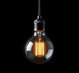 A vintage style light bulb illuminated against a dark background showcasing warm glow