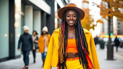 Sticker - portrait of beautiful fashionable african american girl with dreadlocks, walking on the street autumn