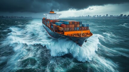 Aufkleber - The cargo ship is struggling against high waves as it approaches a city skyline in the background, engulfed in ominous storm clouds.