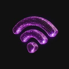 Purple neon wireless signal icon glowing in dark tech environment.

