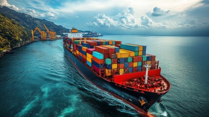 Aufkleber - A large cargo vessel filled with colorful containers navigates smoothly through serene waters, approaching a busy port with towering cranes and mountainous terrain in the background.