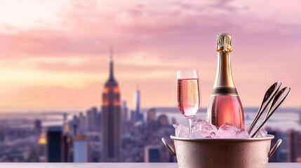 Poster -  Champagne, glasses, and cityscape viewed from table