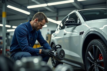 Engineer Working on Electric Vehicle in Bright Garage