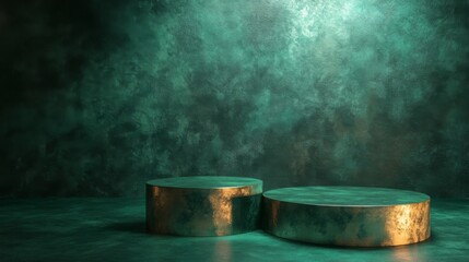 Fototapete - The scene showcases two circular podiums of varying heights positioned on a smooth surface, illuminated by soft lighting against an artistic green texture.