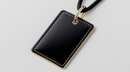 In the center of the image is a black leather price tag with clean, crisp edges on a small gold loop.the concept of quality and elegance.copy space