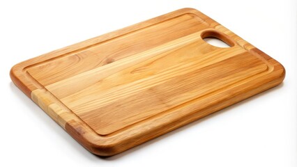 Empty rectangular wooden cutting board with rounded edges and hole lying on white background