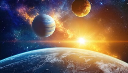 Wall Mural - A stunning cosmic view of Earth, distant planets, and a beautiful starry sky at dawn