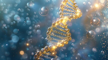 Beautiful yellow DNA double helix spiral surrounded by light bokeh and bubbles, with a calming blue background