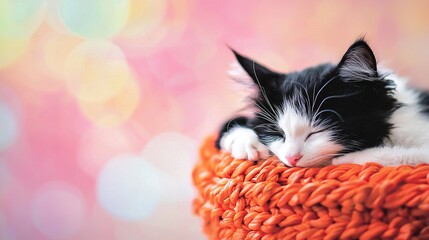 Poster -   A black and white cat sleeping on a woven basket against a pink-orange backdrop, surrounded by warm bokeh lights