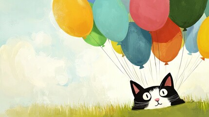 Canvas Print -   Black and white cat on green field with colorful balloons