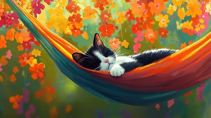 Canvas Print -   A black and white cat lies in a hammock amidst a vibrant field of colorful flowers