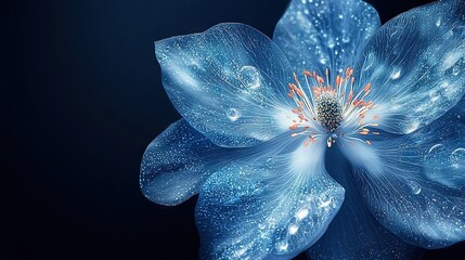 Poster -   A close-up of a blue flower with water droplets on its petals