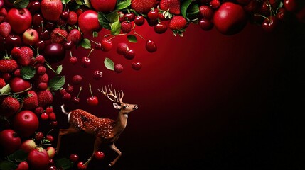 Poster -   A deer stands before an apple tree-lined strawberry field