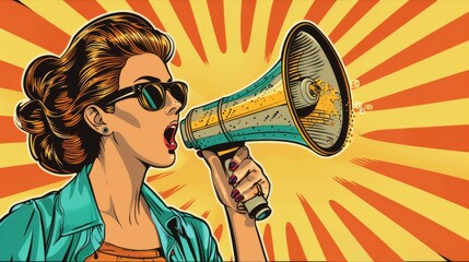 retro pop art style vector illustration of a woman with a loudspeaker, announcing a discount. colorf