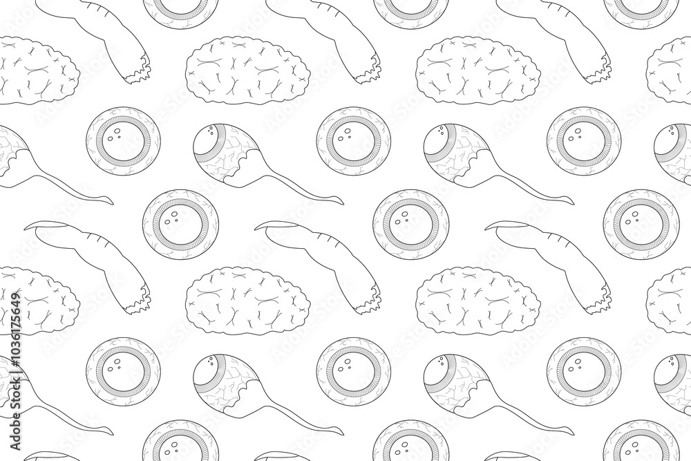 Seamless Halloween pattern for coloring featuring brains, eyeballs, and spooky fingers. Great for creative kids fun and Halloween decor.