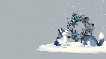 Canvas Print -   A pair of dogs rest atop a snow-covered ground beside a wreath of berries on a tree