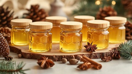 Poster -   A jar of honey sits atop a wooden cutting board surrounded by pine cones and cone-shaped objects