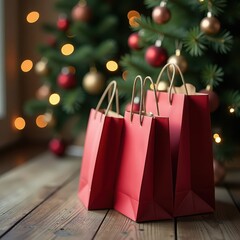 three red paper bags on background of a Christmas tree. Online shopping, delivery, sale. Merry Christmas and Happy New Year