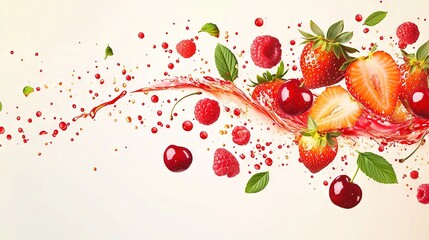 Poster -   A canvas featuring strawberries, raspberries, and foliage against a white backdrop and drizzled with paint